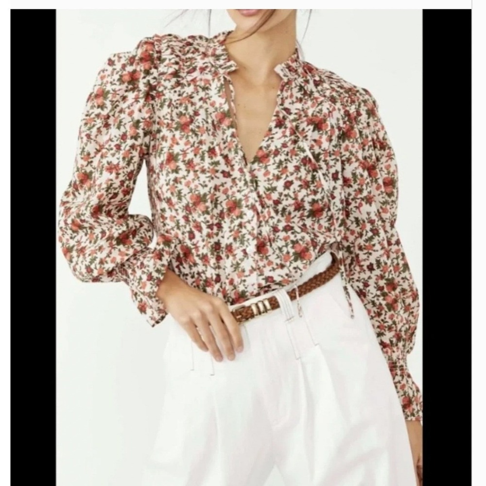 Free People Meant To Be Floral Roses Cotton Poet Blouse Statement Sleeves Small
